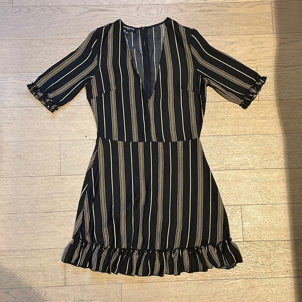Deep V back Black striped dress